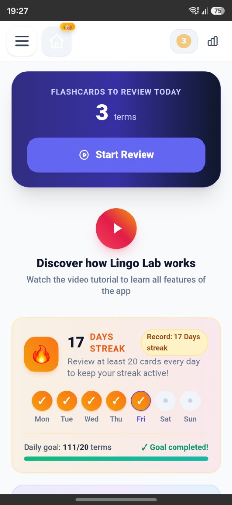 Lingo Lab Flashcards Dashboard Streak